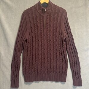 Lands End Drifter Cable Knit 1/4 Zip Sweater Mens Size L Burgundy Fishermen